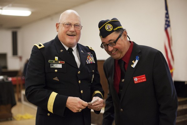 Major General Daniel Helix and John Spradlin share a laugh at Veterans Memorial Hall in Richmond (photo by Mark Andrew Boyer)